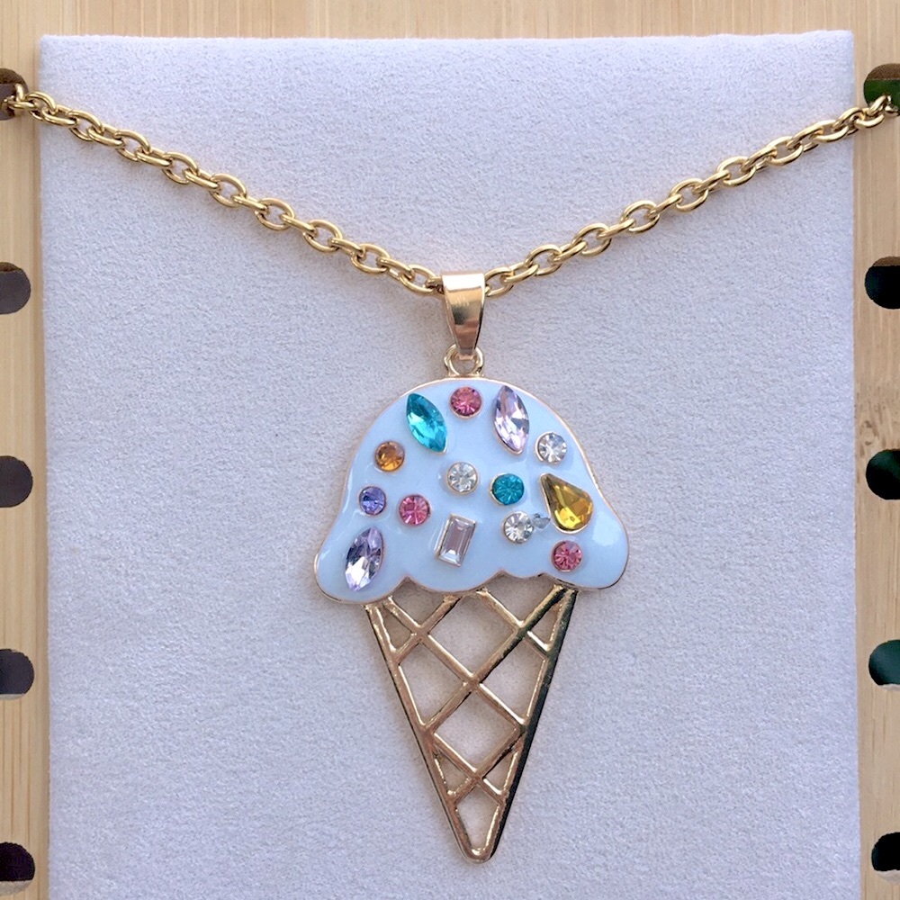White + Crystal Sprinkles Gold Ice Cream🍦Cone Pendant Drop Necklace - Picture 8 of 8